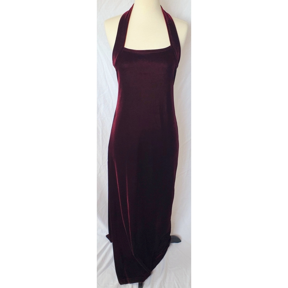 Vintage 90s Dress Velvet Side Slit Halter Backless